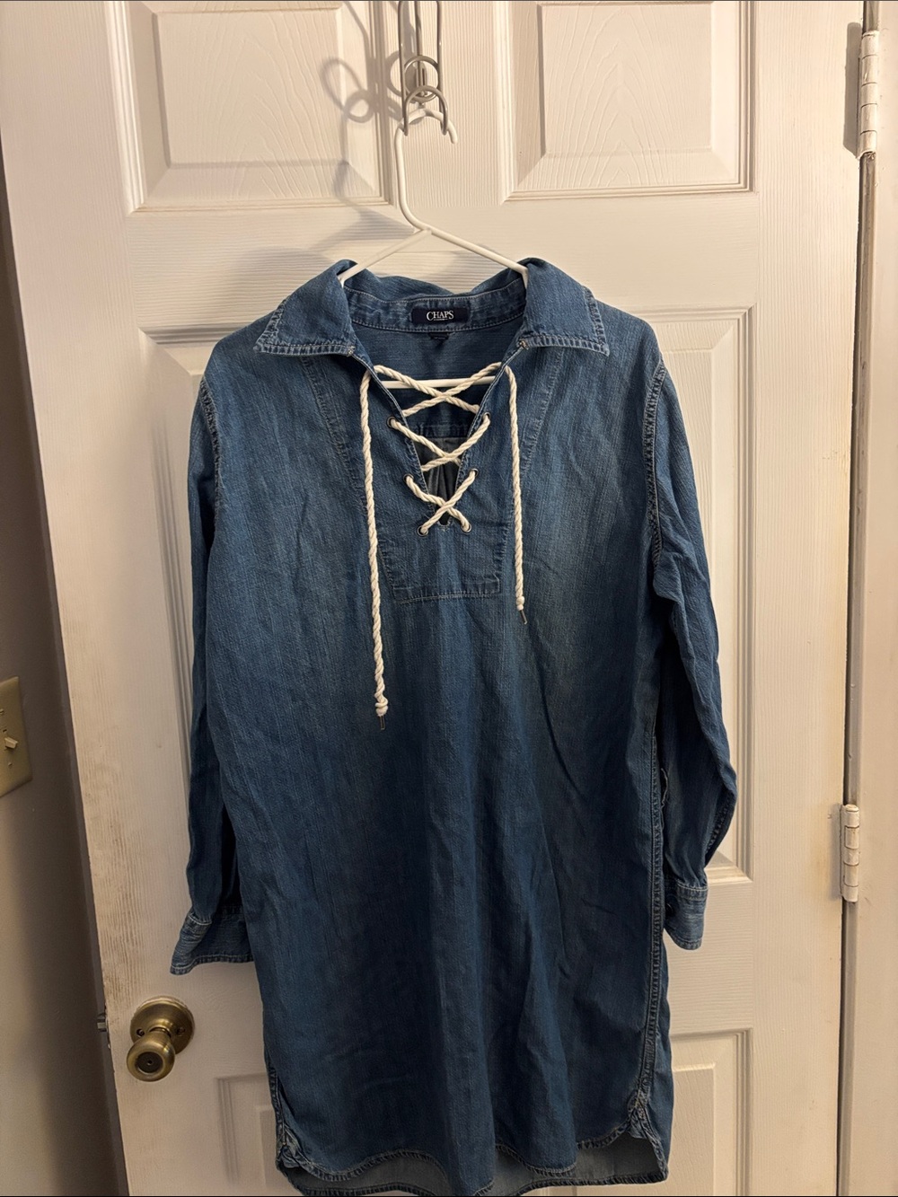 Chaps Denim Lace-Up Tunic Dress - Blue